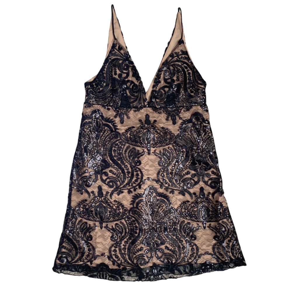 NEW FREE PEOPLE Lace Sequin V Neck Spaghetti Strap Mini Dress 6 Black Cocktail - Picture 5 of 9